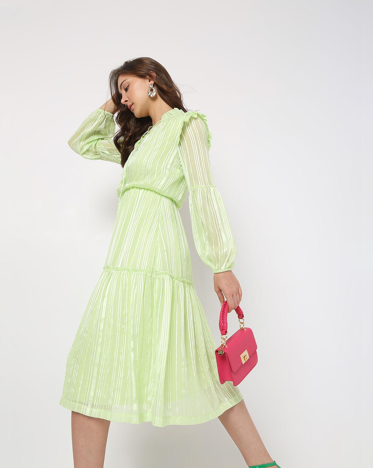 green lurex tiered midi dress