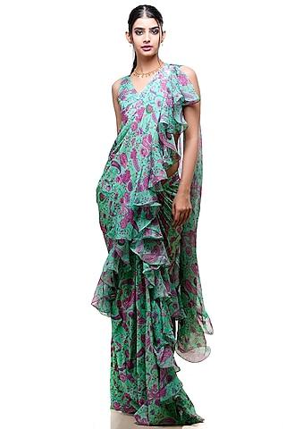 green lycra & georgette ruffled pre-stitched skirt saree set