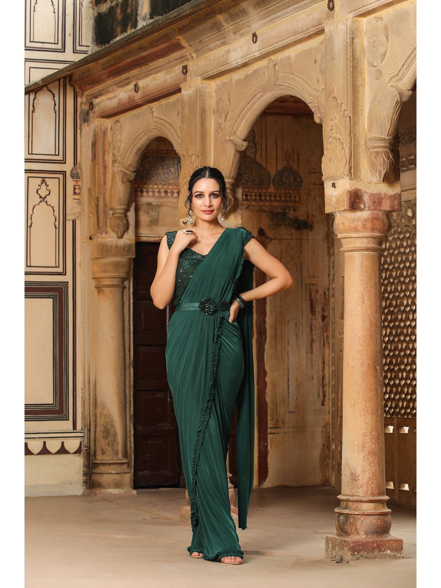 green lycra ready to wear pre draped saree with stitched blouse and belt with stitched