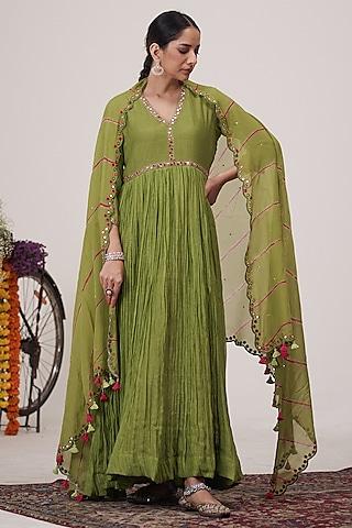 green malai chanderi mirror hand embroidered pleated anarkali set