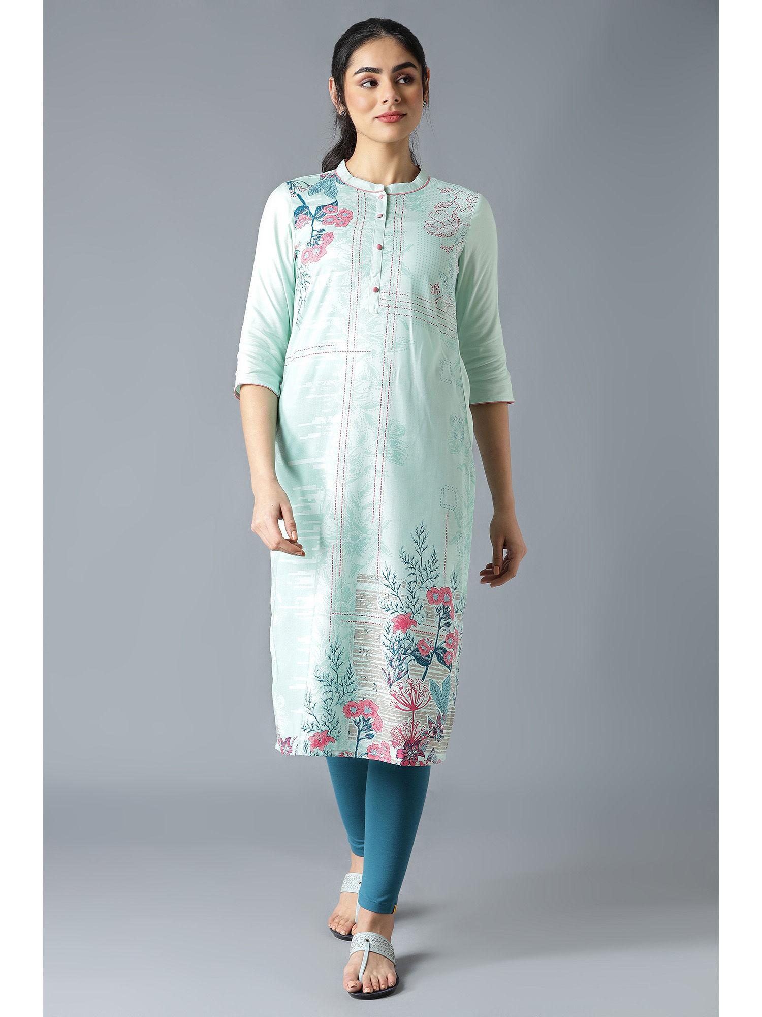 green mandarin collar printed straight kurta