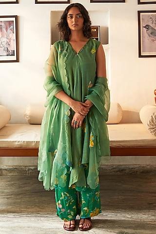 green mangalgiri cotton applique embroidered handwoven kurta set
