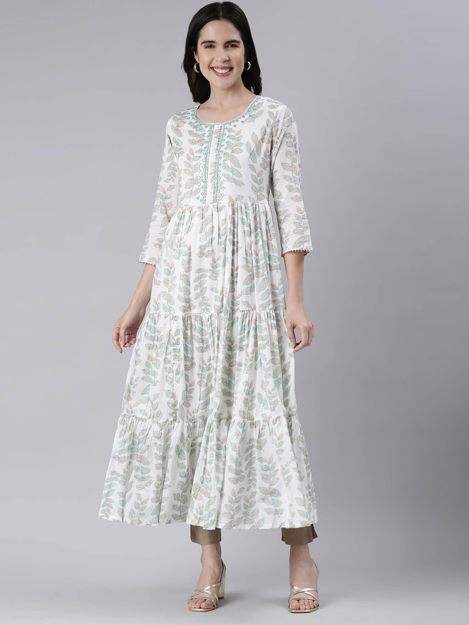 green maxi casual printed & embroidered dress