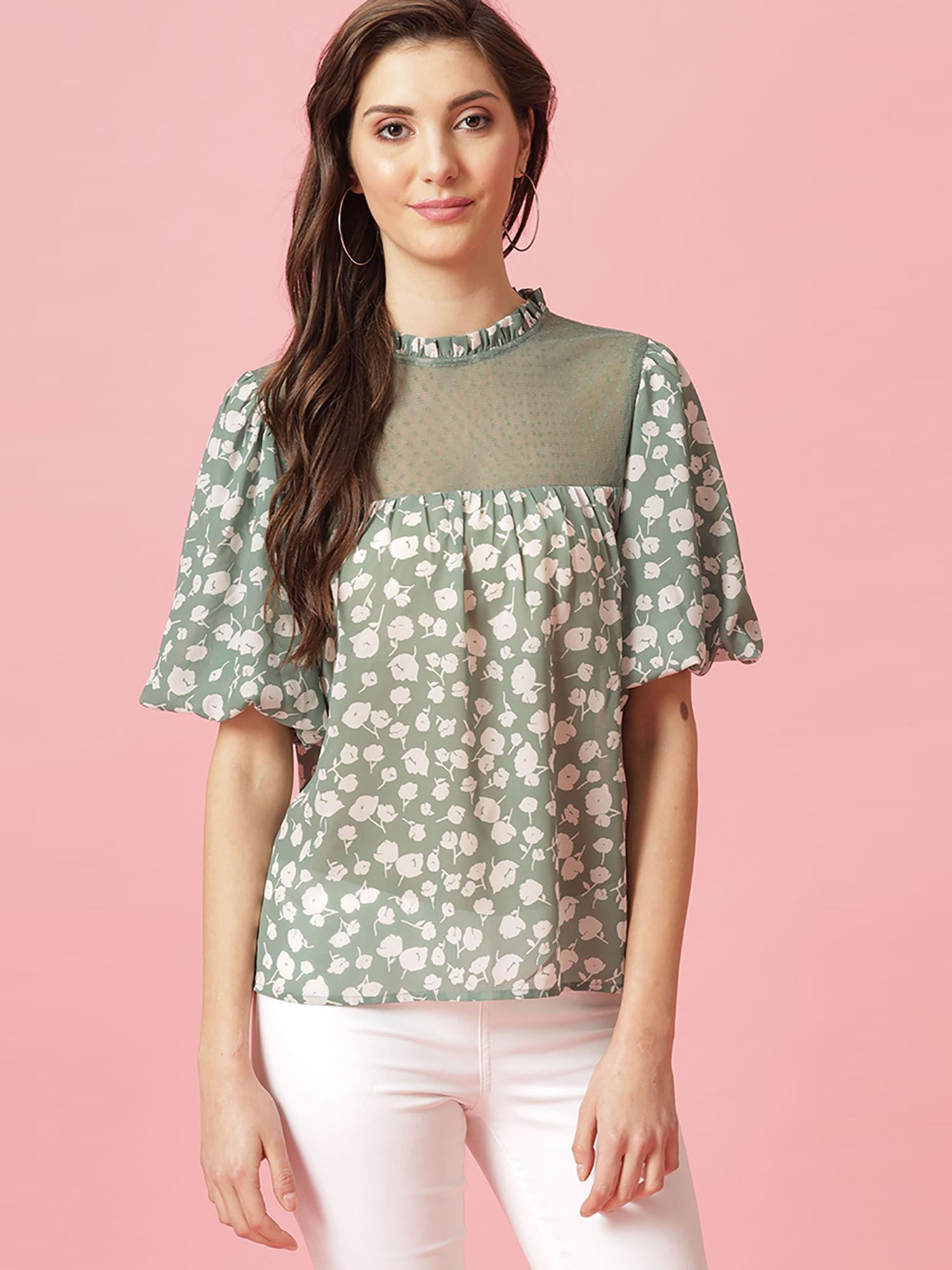 green medium length choker neck polyester blouse