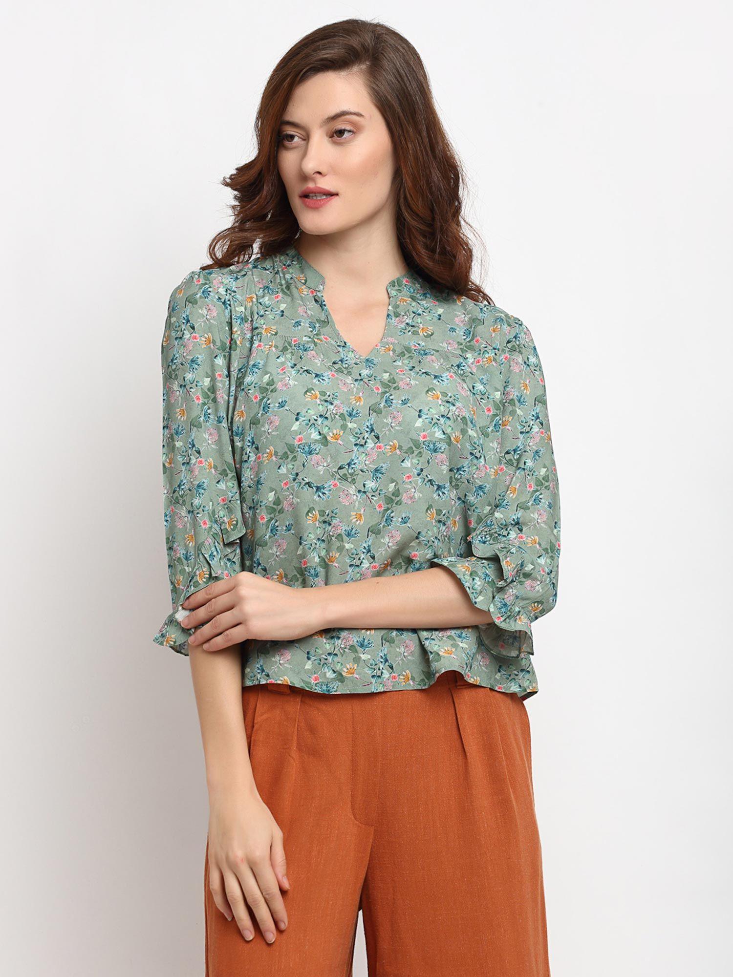 green medium length v-neck rayon blouse