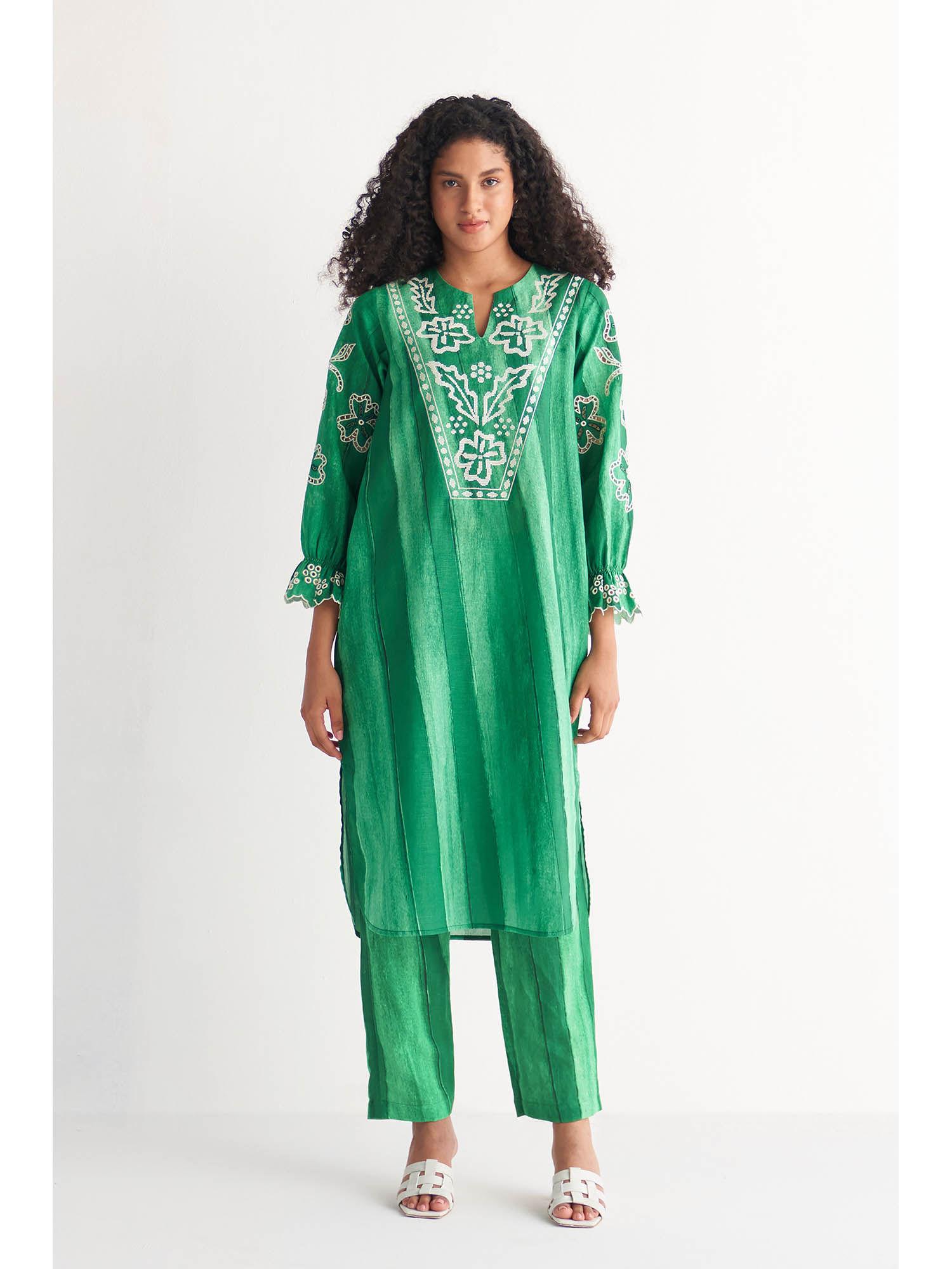 green melange cutwork & cross-stitch kurta (set of 2)