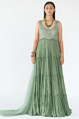 green mesh & georgette tiered gown