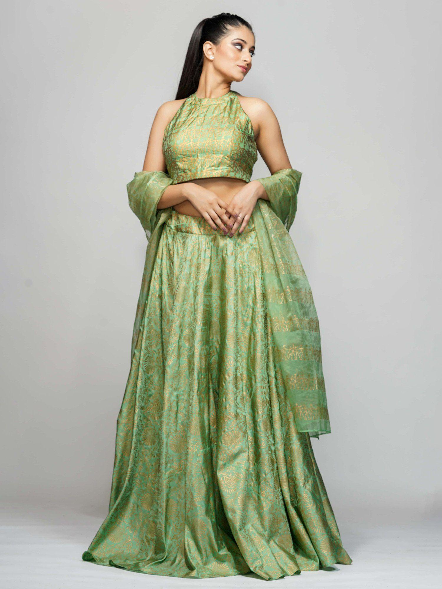 green metallic hand block lehenga (set of 3)