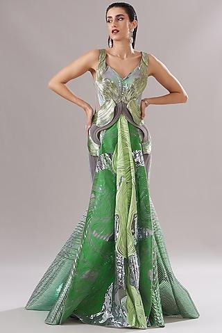 green metallic polymer embroidered draped gown