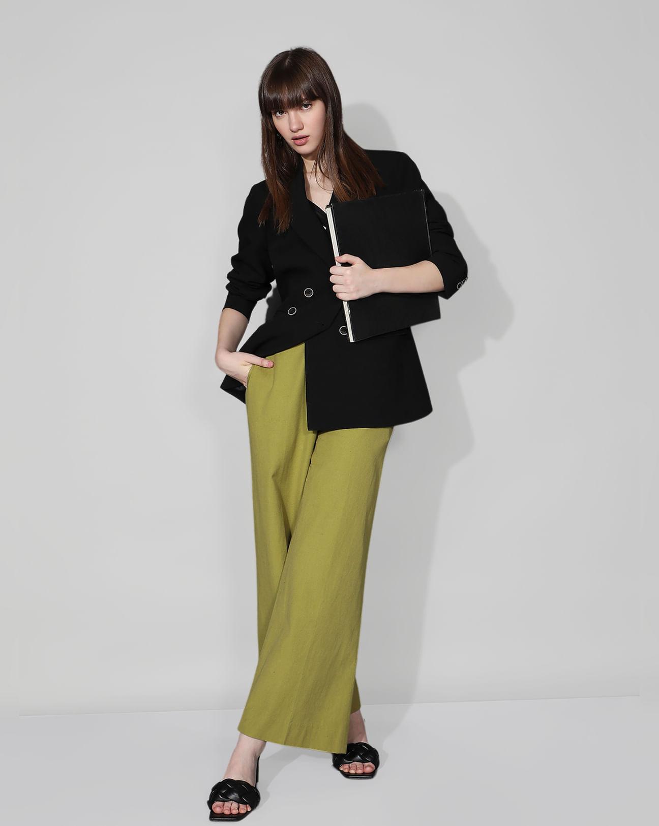 green mid rise flared pants