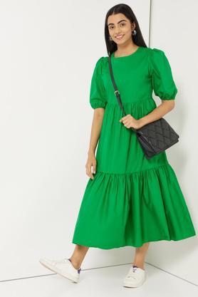 green midi cotton dress for women - green