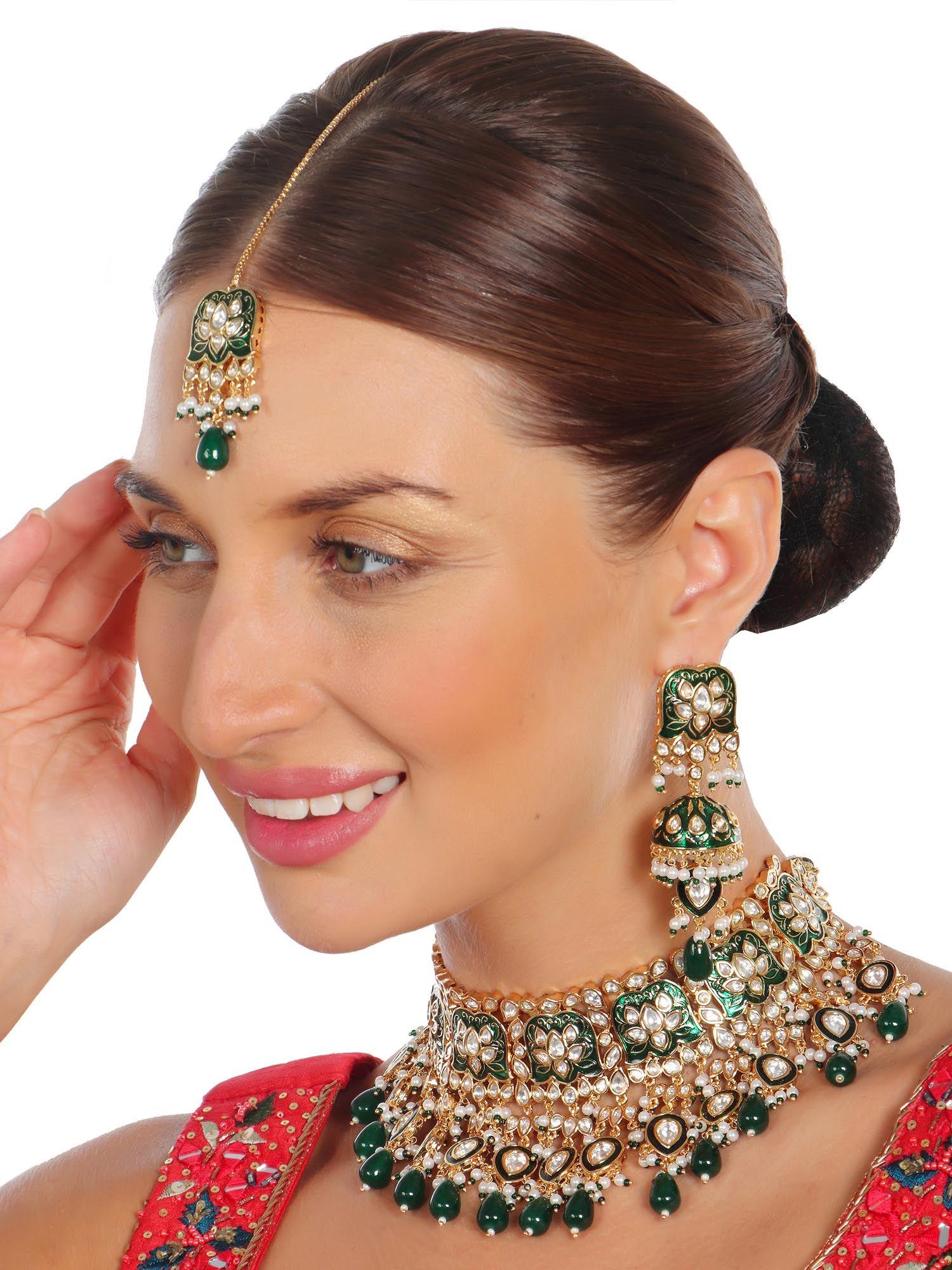 green minakari kundan choker (set of 3)