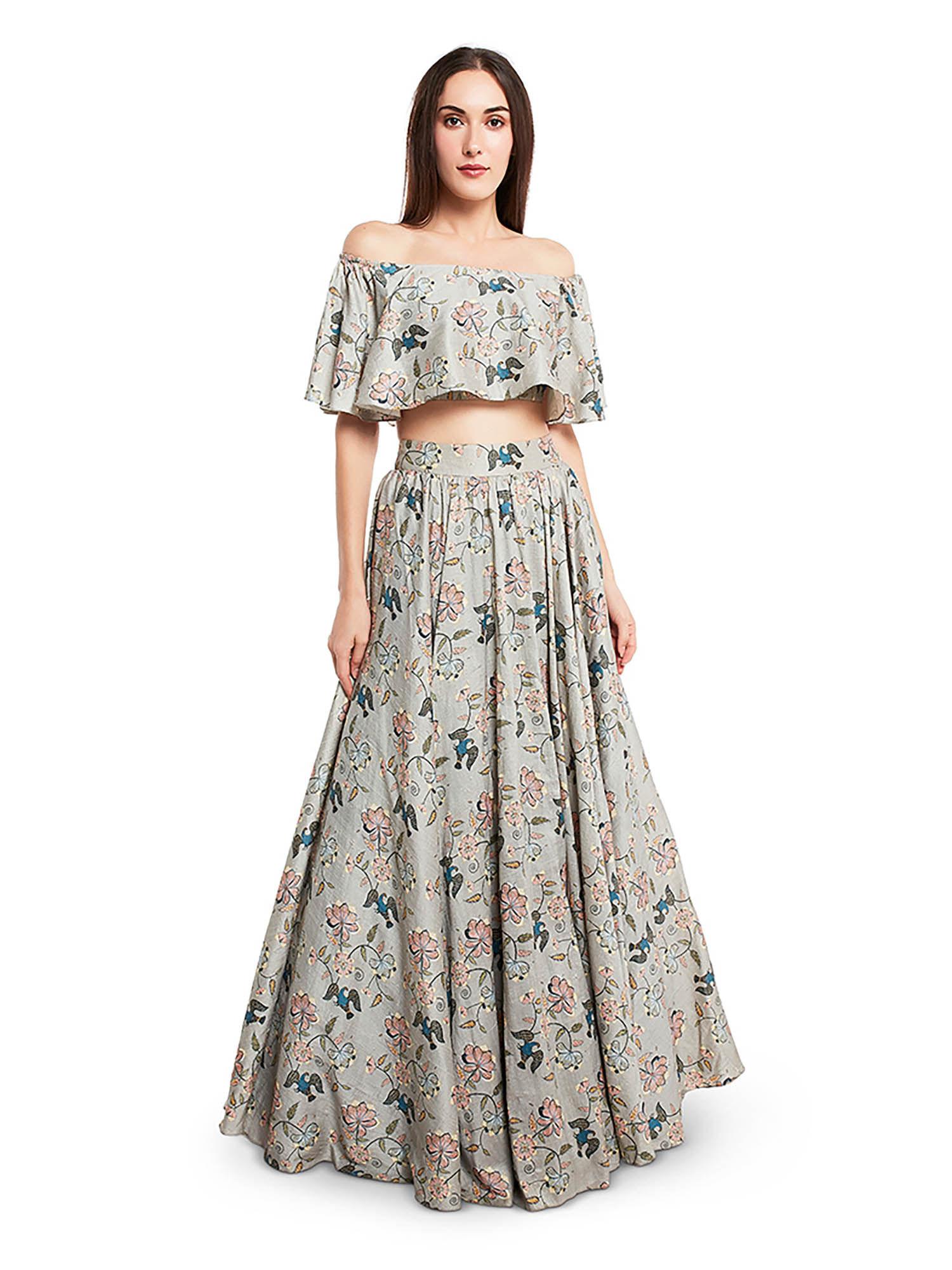 green mint printed top and lehenga (set of 2)