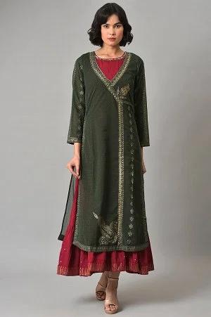 green mock angrakha gilet with maroon tiered dress