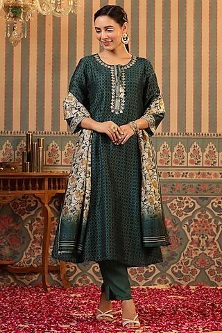 green modal chanderi checks printed a-line kurta set