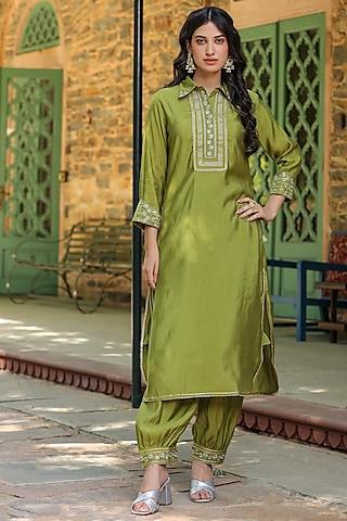 green modal chanderi gota-lace embellished pathani kurta set