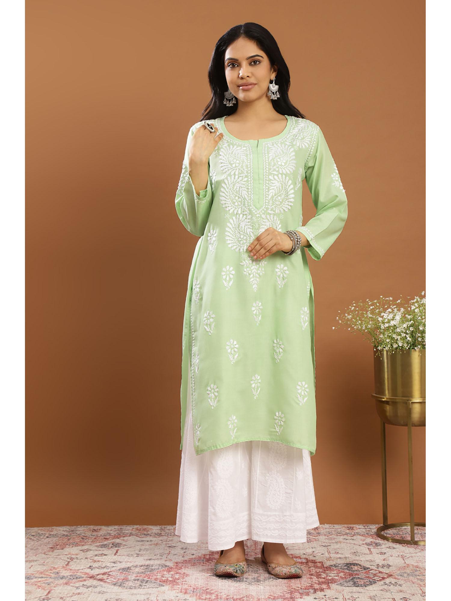 green modal chikankari kurta