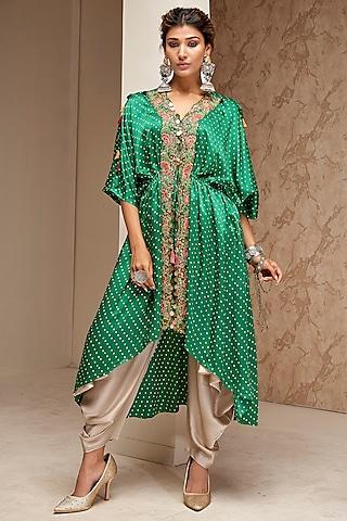 green modal satin & crepe printed cape set