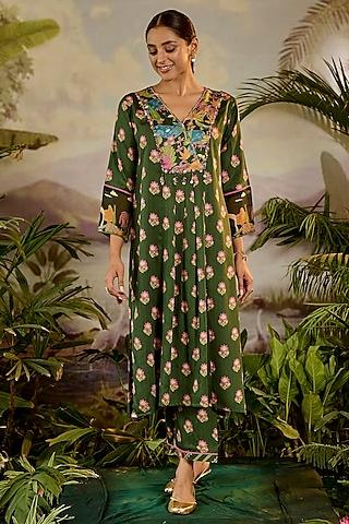 green modal satin boota printed angrakha kurta set