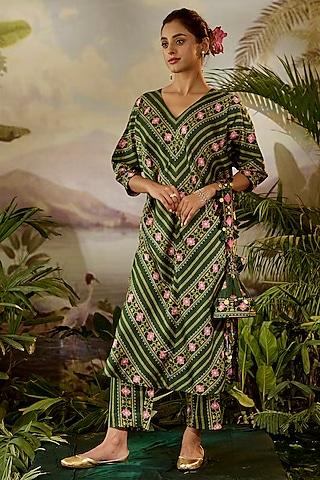 green modal satin stripe printed kurta set