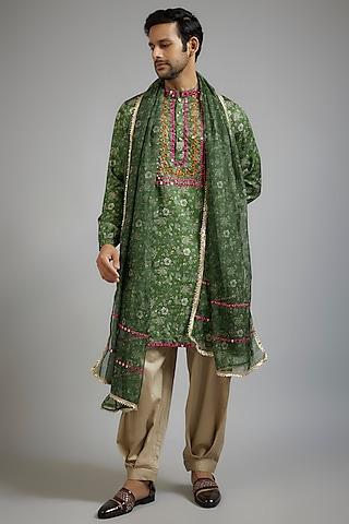 green modal silk floral printed & mirror embroidered kurta set