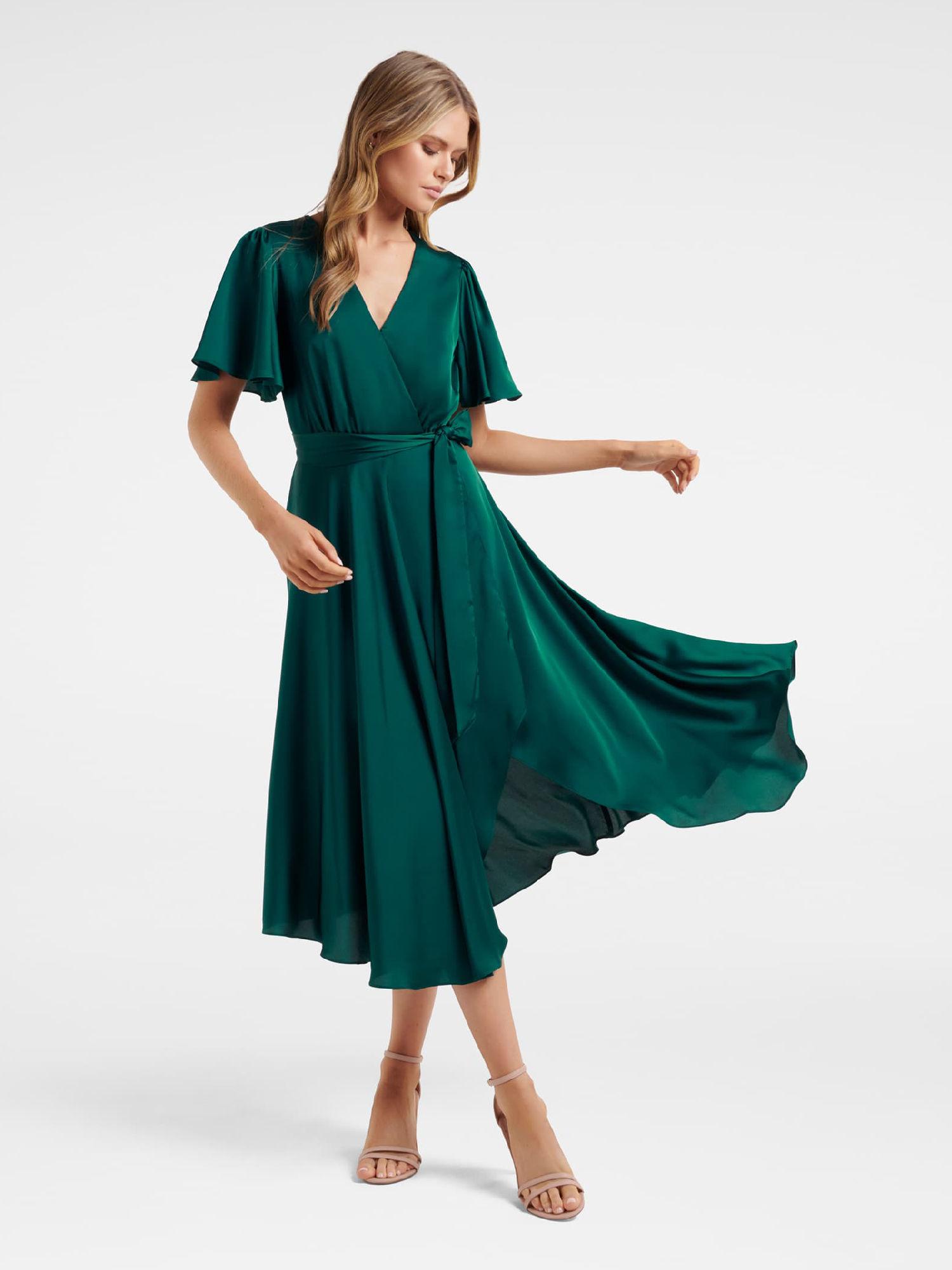 green mona flutter sleeve midi dress