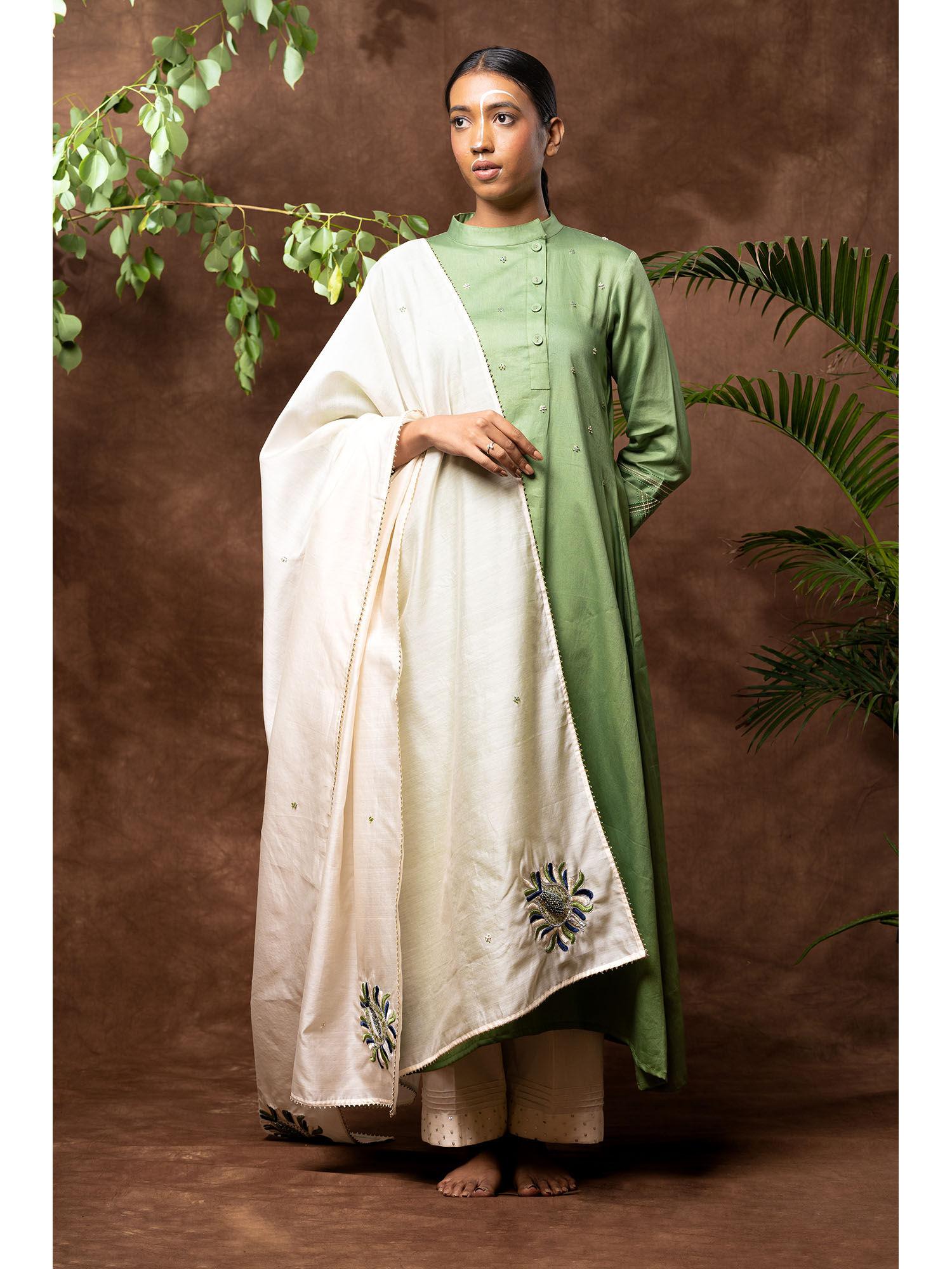 green mughal boota hand embellished kurta with palazzo & dupatta (set of 3)