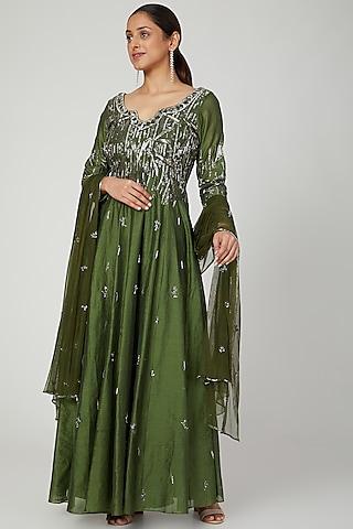 green mukaish embroidered gown with dupatta