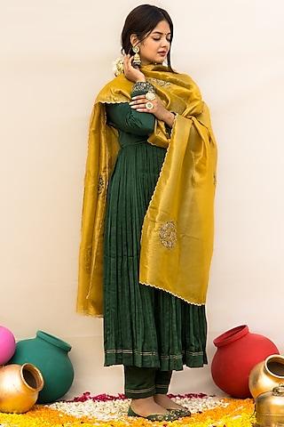 green mul chanderi hand embroidered anarkali set