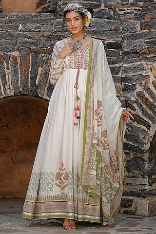 green mul cotton embroidered & printed anarkali set