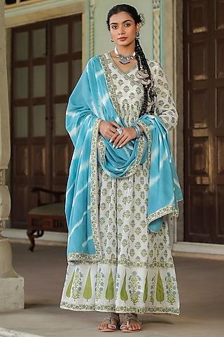 green mul cotton embroidered & printed anarkali set