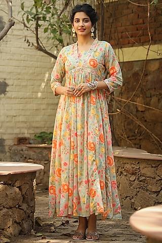 green mul cotton floral printed dress