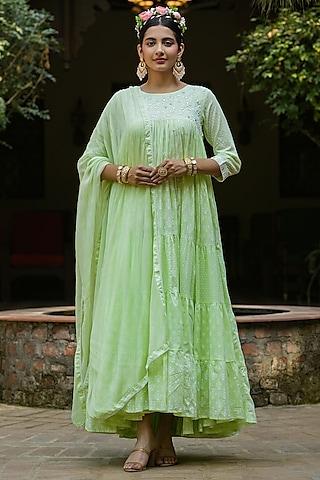 green mul cotton printed & embroidered tiered anarkali set