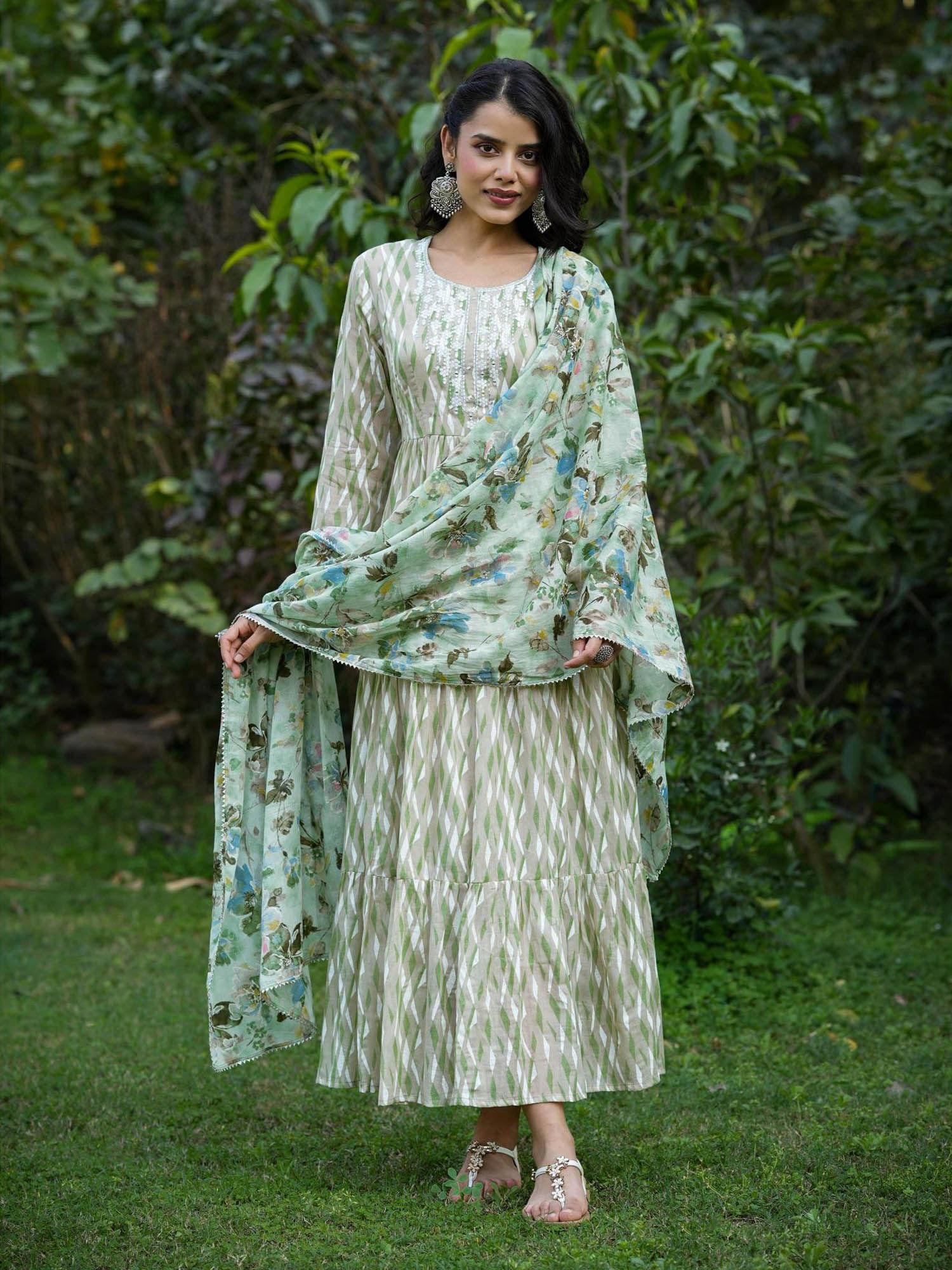 green mul cotton printed tiered ethnic dress with mul cotton dupatta (set of 2)