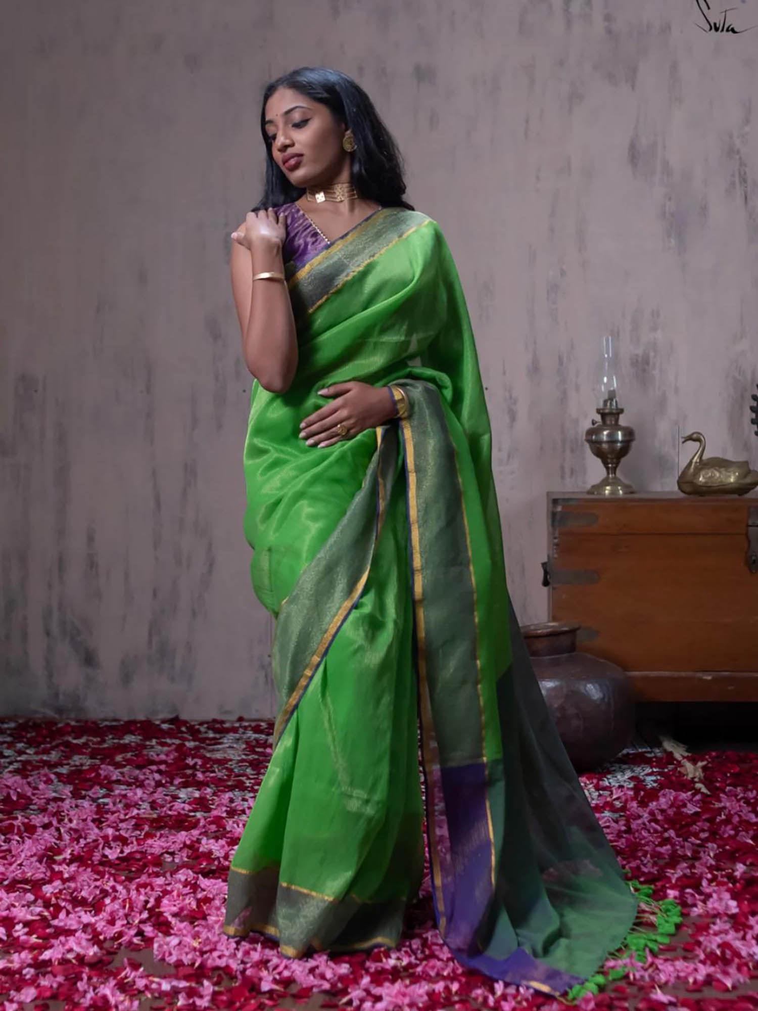 green mul cotton zari saree