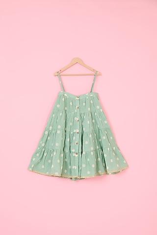 green mulmul hand block polka dot printed flared dress for girls
