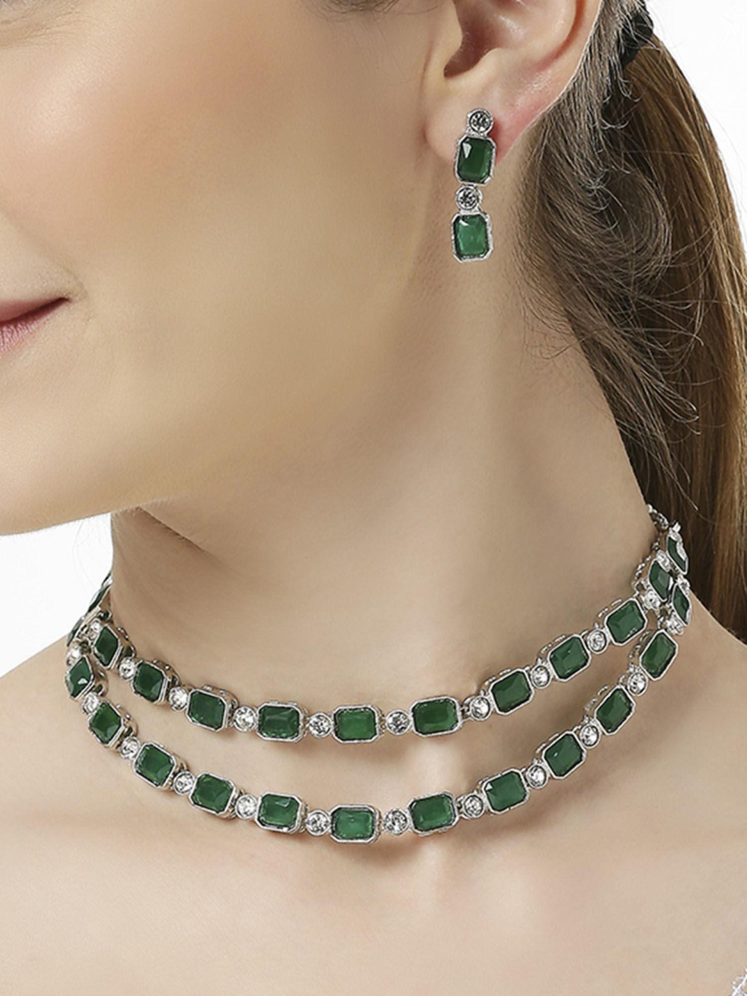 green multi layer american diamond necklace set with earrings