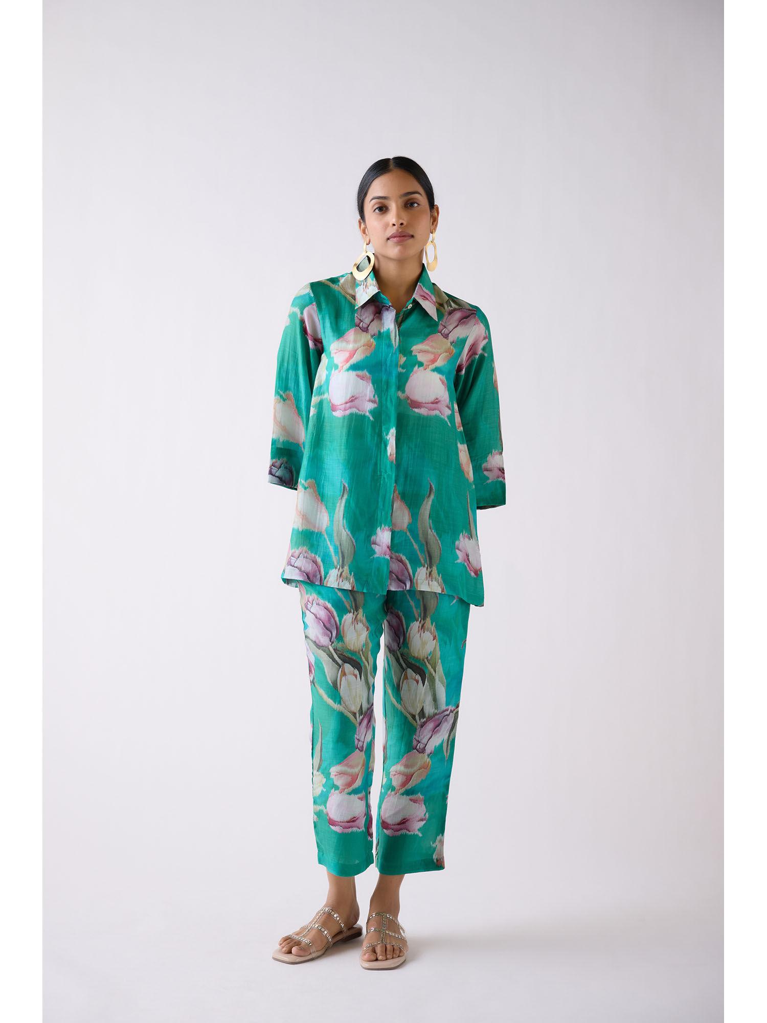 green muslin floral printed co-ord (set of 2)