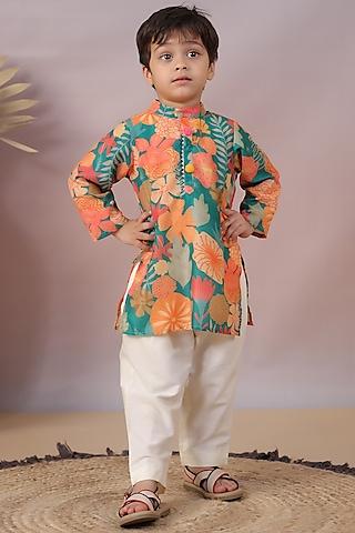 green muslin floral printed kurta set for boys