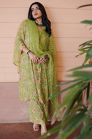 green muslin floral printed straight kurta set