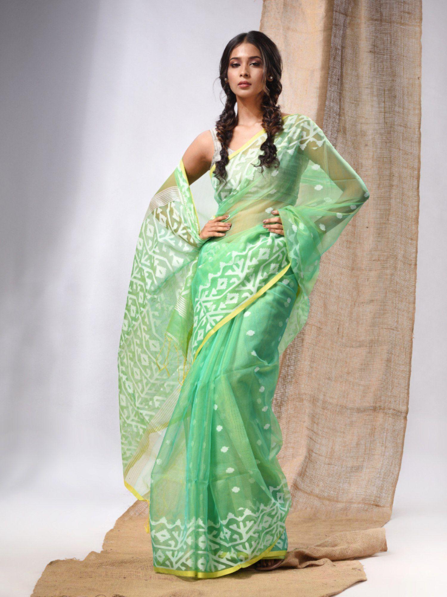 green muslin handwoven saree with jamdani designs & unstitched blouse