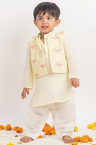 green muslin kurta set with bundi jacket for boys