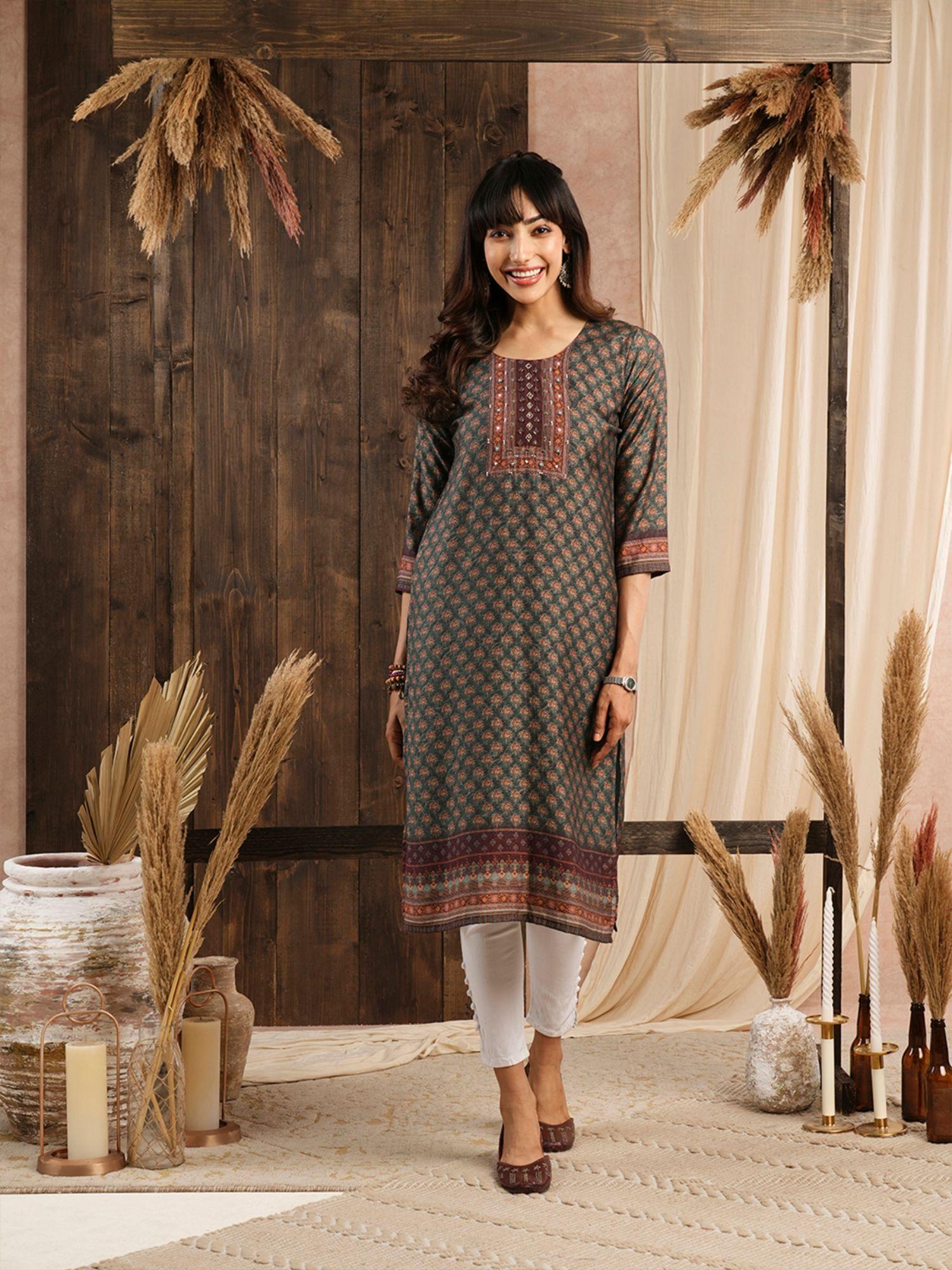 green muslin printed stitched kurta for women