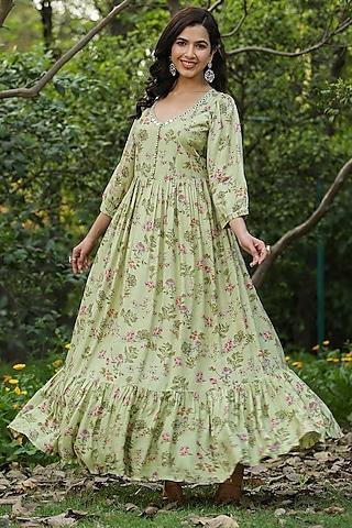 green muslin silk embellished & floral printed anarkali
