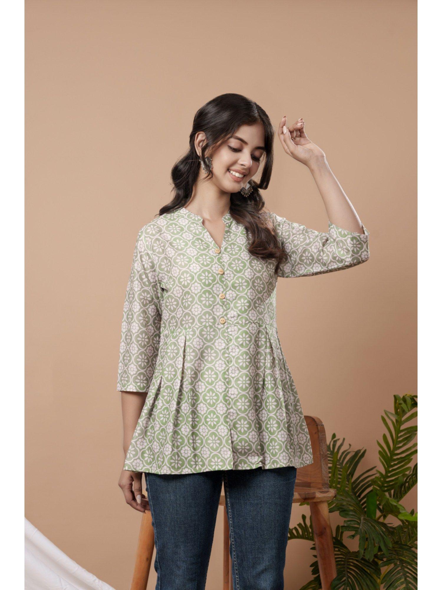 green muslin silk printed tunic