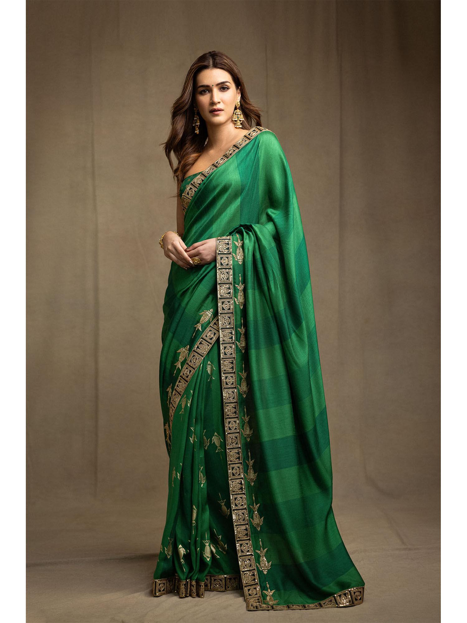 green mystic saree with unstitched blouse