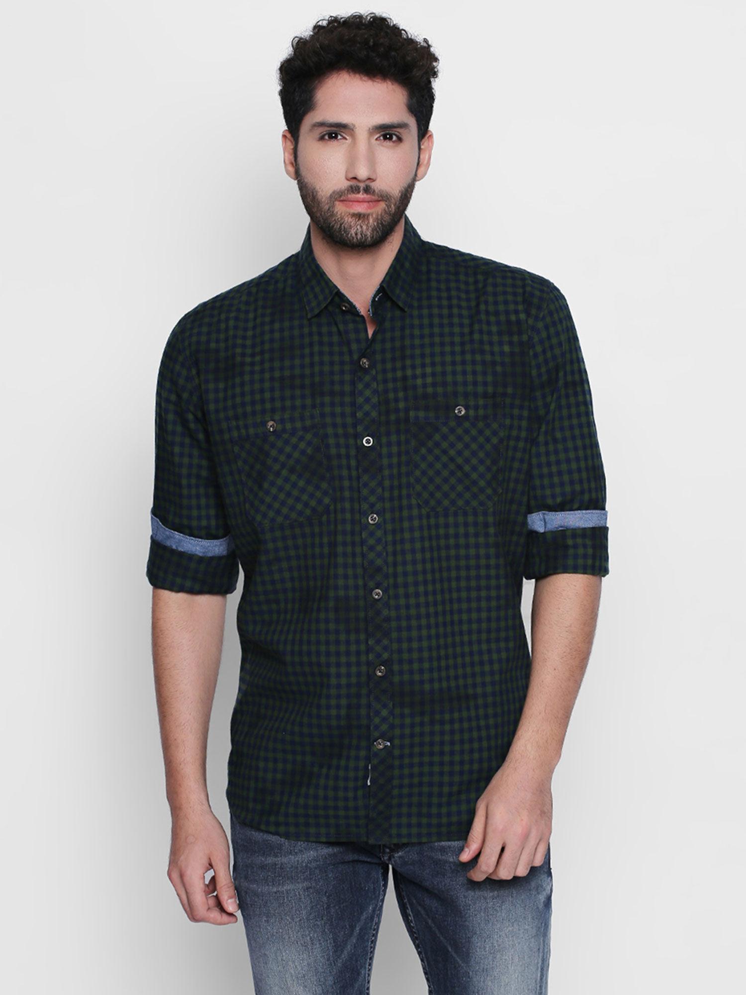 green-navy cotton fabric full sleeve checkered shirt for men