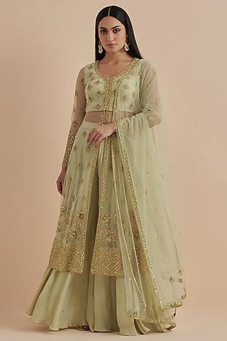 green net & crepe hand embroidered kurta set