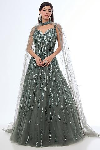 green net cutdana & beads embellished gown with cape