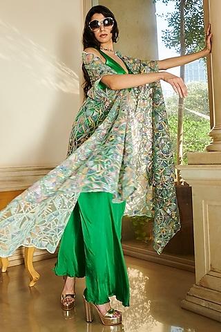 green net cutwork embroidered cape set